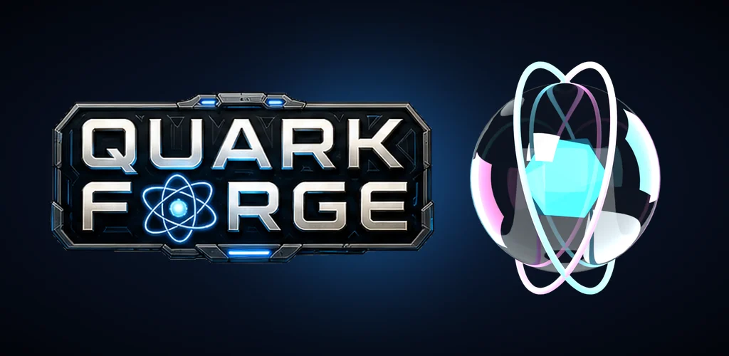 The Quark Forge logo in brushed metal beside a glass orb circled by glowing orbital rings