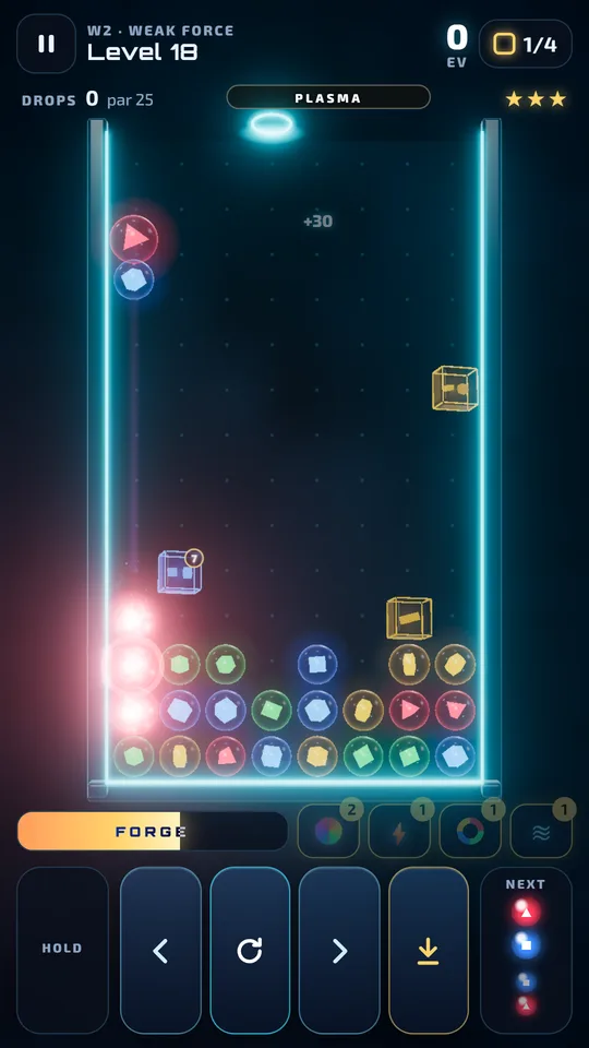A level in the Weak Force world: coloured glass orbs stacked in a neon chamber, a group popping in a red flash, and crates waiting to be broken