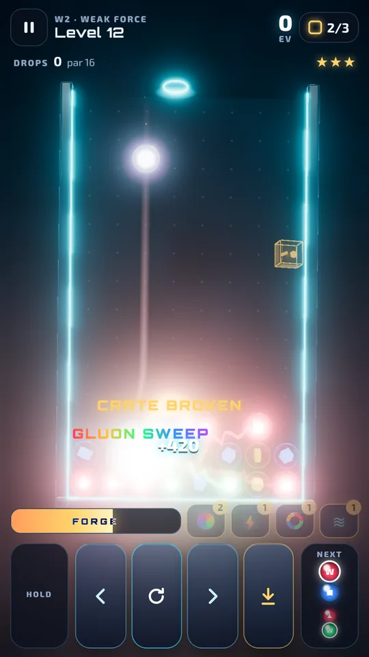 A gluon sweep clearing a whole colour from the board with a burst of light, and a crate breaking