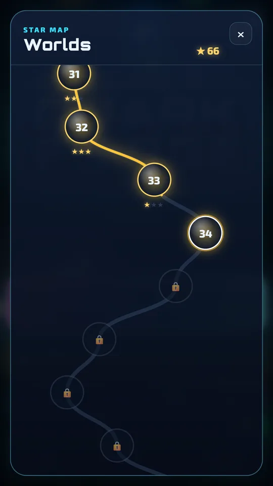 The star map: a winding path of level nodes with stars earned, levels 31 to 34 lit and later levels locked